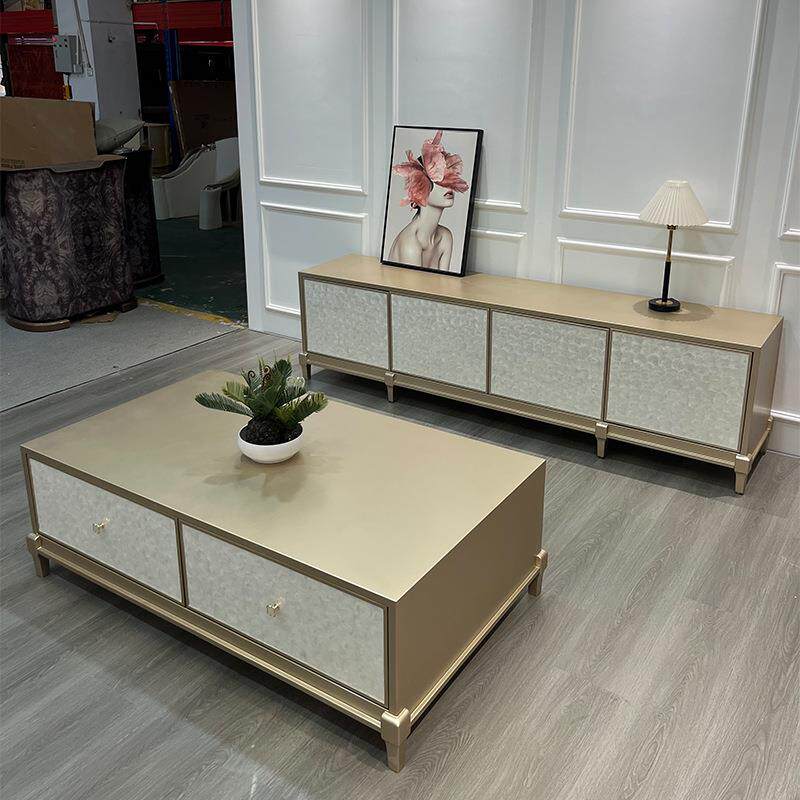 美式电视柜轻奢高级感茶几组合客厅家用高端贝壳实木电视柜