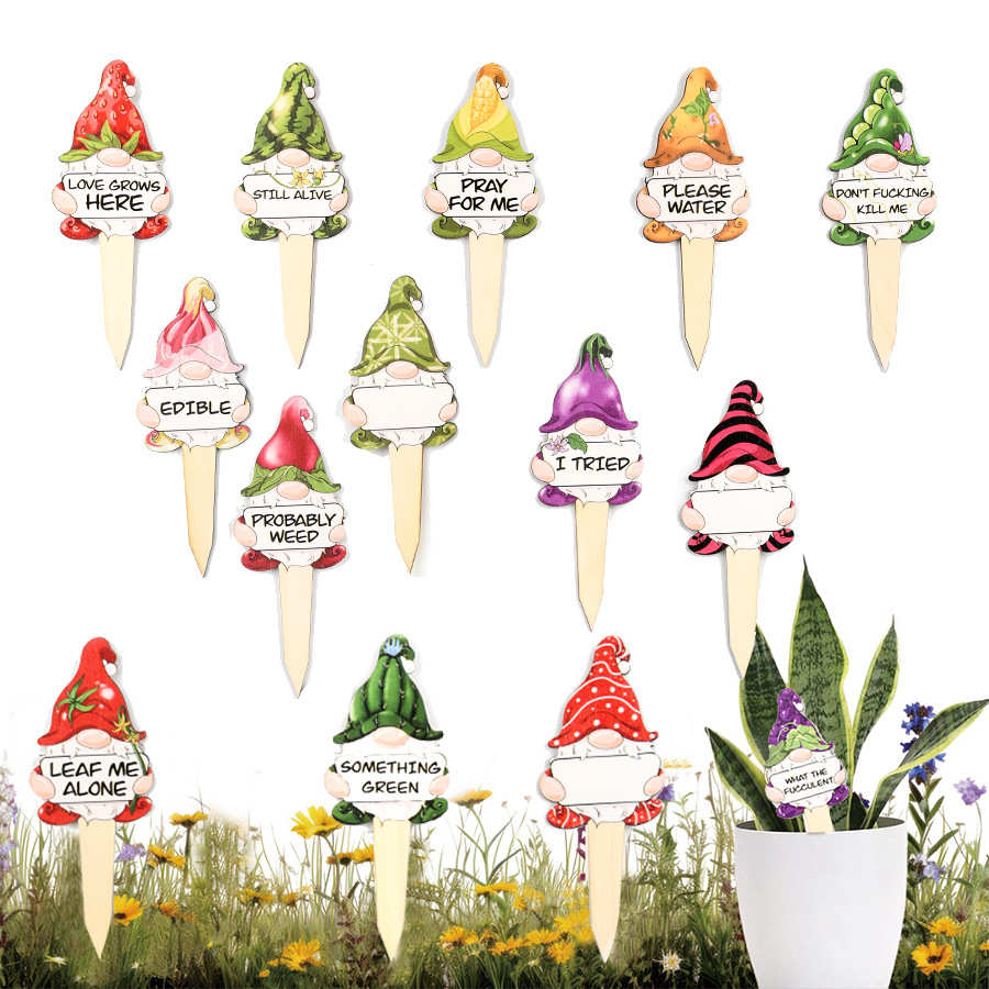 新品木质植物标签侏儒插件花园标牌露台标签花园桩盆栽植物工艺品