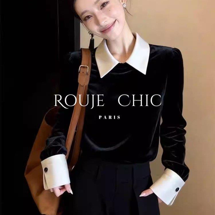 法国rouje chic法式黑色翻领丝绒衬衫女春季高级感独特巨好看上衣