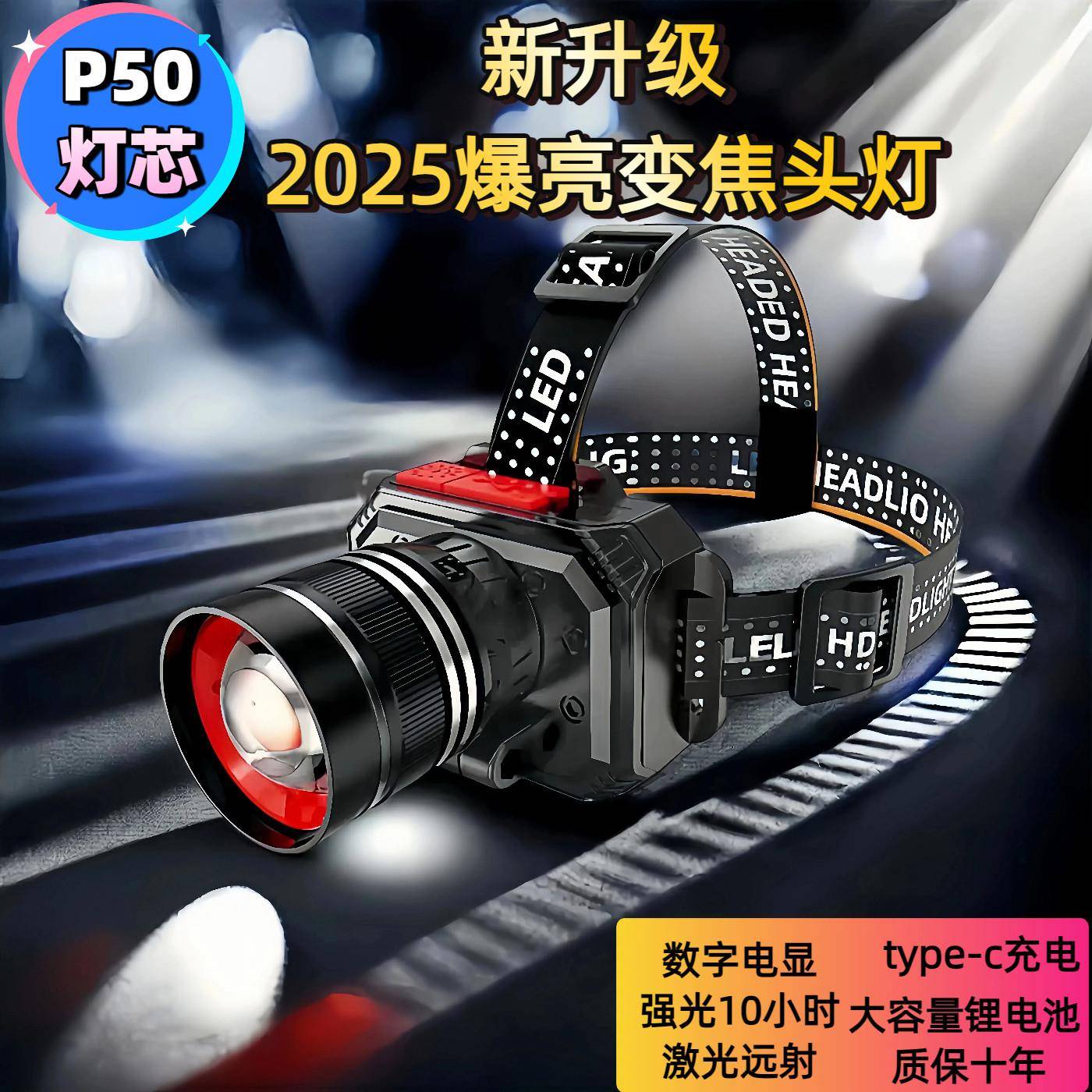 头灯2025新款强光超亮户外防水远射家用可变焦头戴式超亮夜钓灯