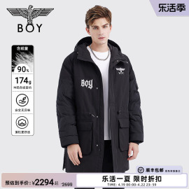 BOYLONDON秋冬情侣款外套老鹰刺绣时尚保暖长款连帽羽绒服N26008