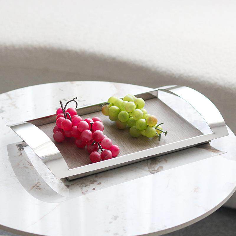 现代轻奢法式不锈钢仿木纹托盘家用样板房售楼处软装饰品收纳摆件