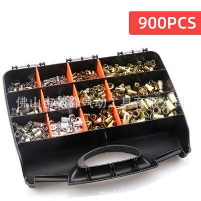 跨境900PCS盒装铆螺母套装铝拉铆不锈钢镀彩锌竖纹螺母组合