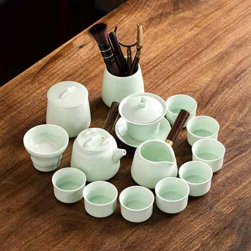 高档中式翠哥窑功夫茶具套装奢档家轻用办公室陶瓷高侧玉把壶茶杯
