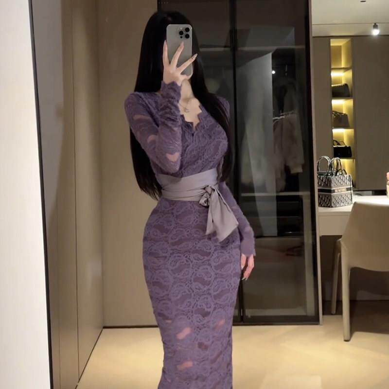 紫色领磨毛蕾丝连衣裙女春秋长袖紧身中长款御姐开叉绑带包臀裙
