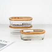 跨境玻璃黄油盒配陶瓷黄油刀收纳保鲜密封罐牛油盒奶酪盒花纹简约