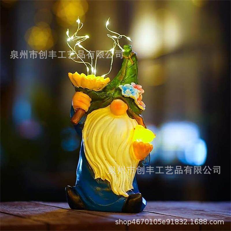 户外太阳能树脂工艺品庭院小矮人托小鸟摆件花园庭院灯景观灯摆件