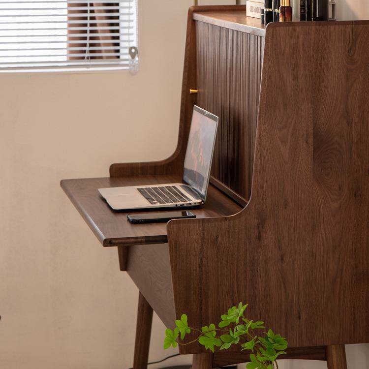 北欧黑胡桃木梳妆台多功能日式电脑书桌一体小户型卧室卷帘化妆桌