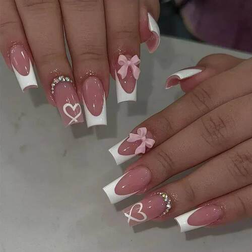 24Pcs Pink Long Square False Nails Ballet Glittring Nail wi