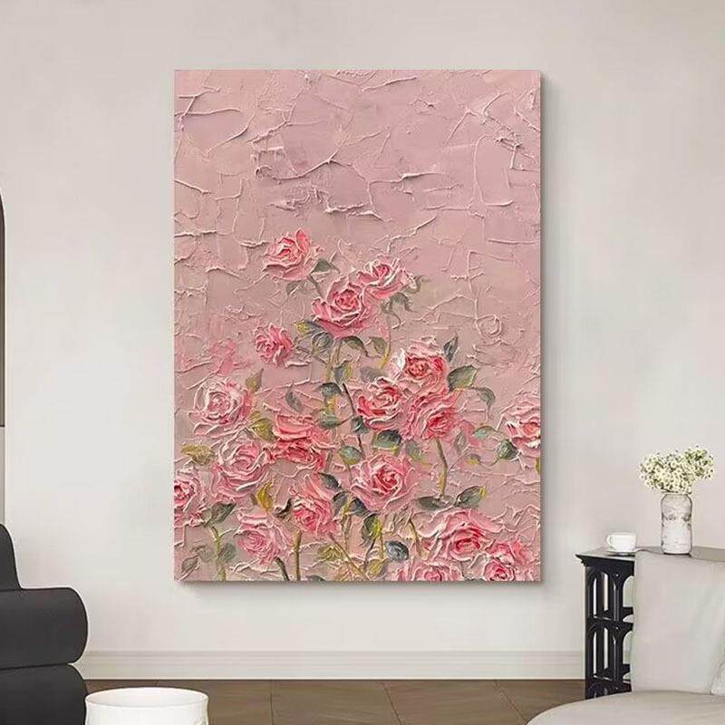 手绘油画奶油风玫瑰花客厅玄关装饰画粉色立体肌理画卧室儿童房画