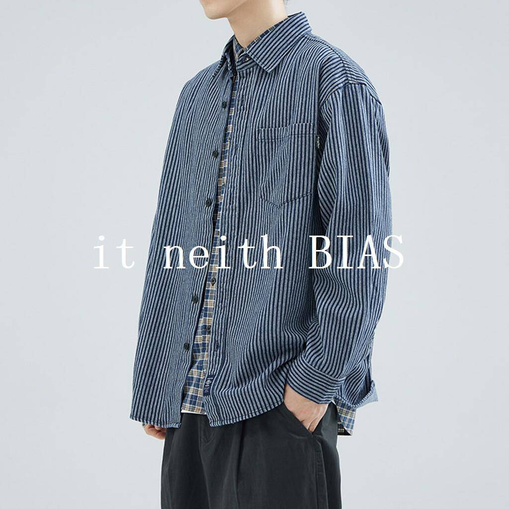 it neith BIAS工装竖条纹长袖衬衫男春秋季休闲百搭叠穿上衣大码