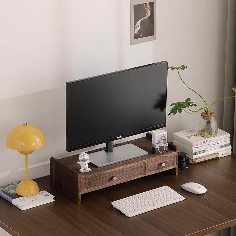 纯实木桌面电脑萤幕增高架木质带抽屉收纳置物办公室护颈免组装