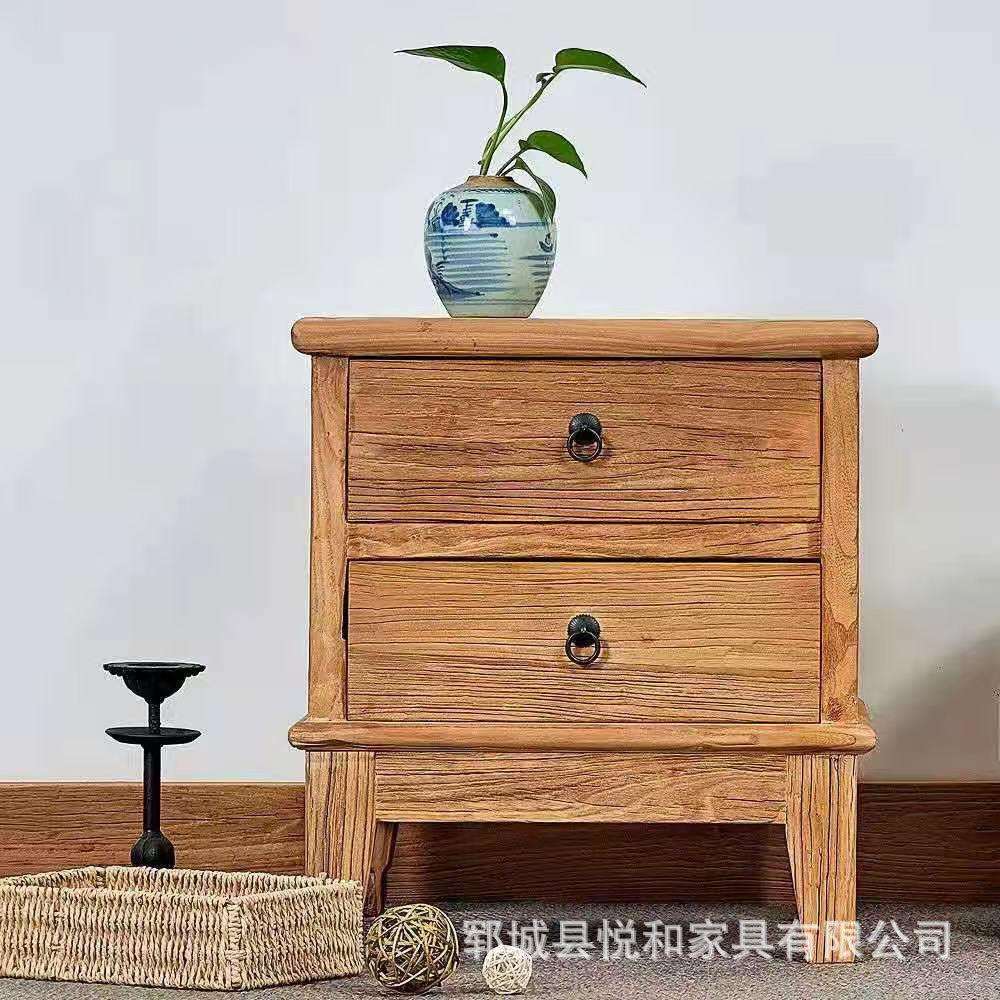 复古老榆木床头柜新中式家具落地式矮柜带抽屉式床边斗柜储物柜