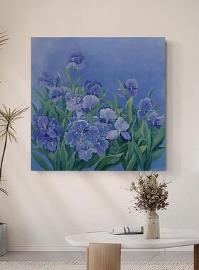 大芬村蓝色花卉纯手绘油画客厅治愈系装饰画玄关壁画卧室书房挂画