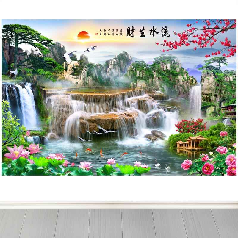 流水生财瀑布荷花九鱼头迎客松山水自粘画客厅办公室背景墙装饰画图片