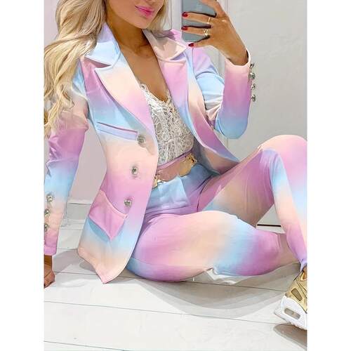 N 90616 Fashion Casual Print Long Sleeve Pants Suit 印花西装