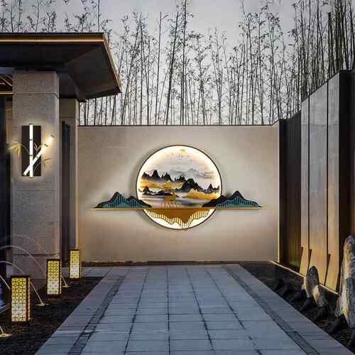 新中式户外壁灯防水太阳能别墅花园庭院外墙大门山水画景观装饰灯