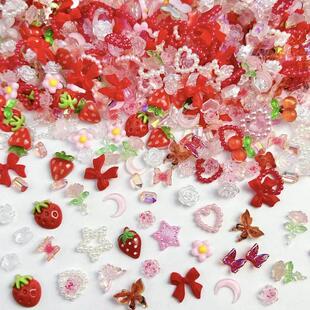 50PCS Random Mixed Strawberry Flowers Nail Charms Sweet