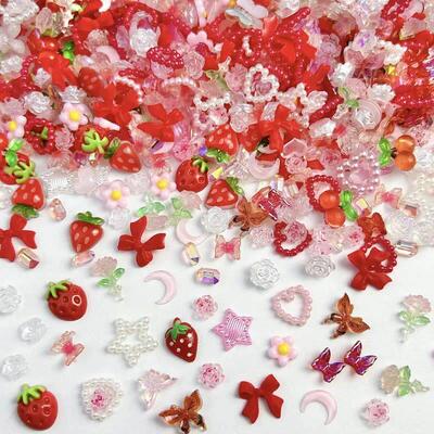50PCS Random Mixed Strawberry Flowers Nail Charms Sweet