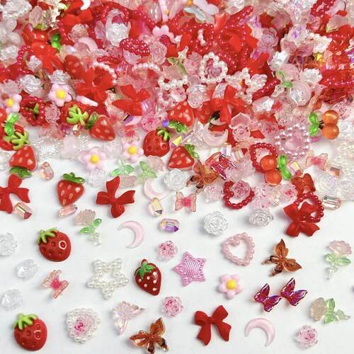 50PCS Random Mixed Strawberry Flowers Nail Charms Sweet