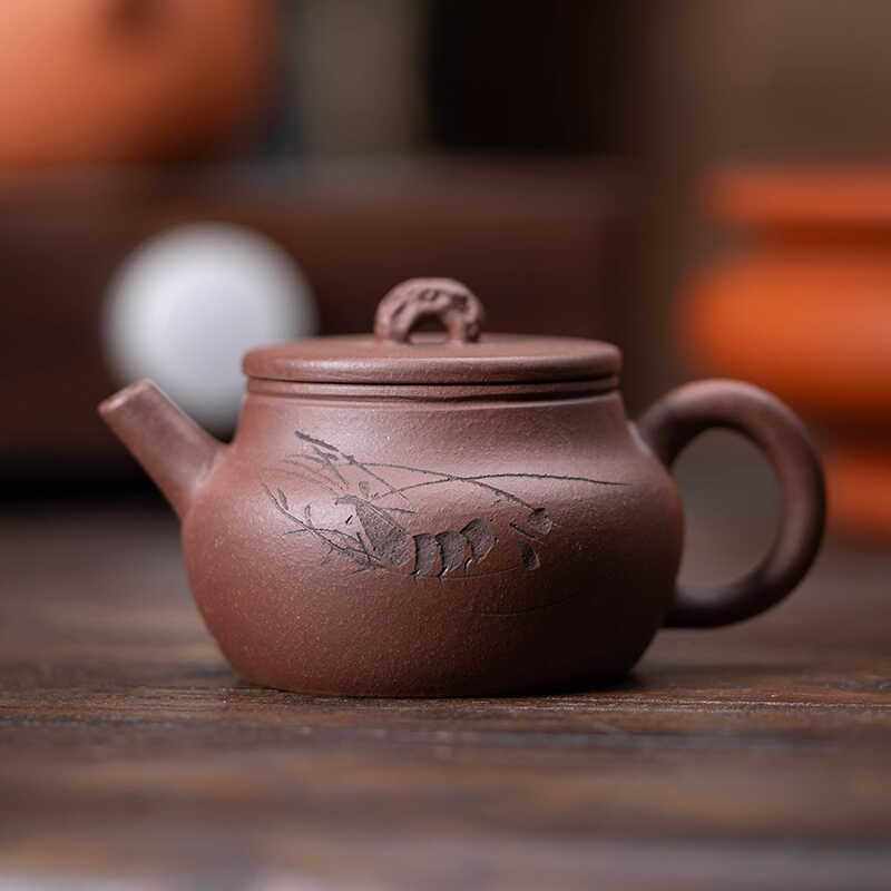 宜兴周婷手工雕刻虾趣湖石壶紫砂壶大开口紫砂泡茶壶家用功夫茶具