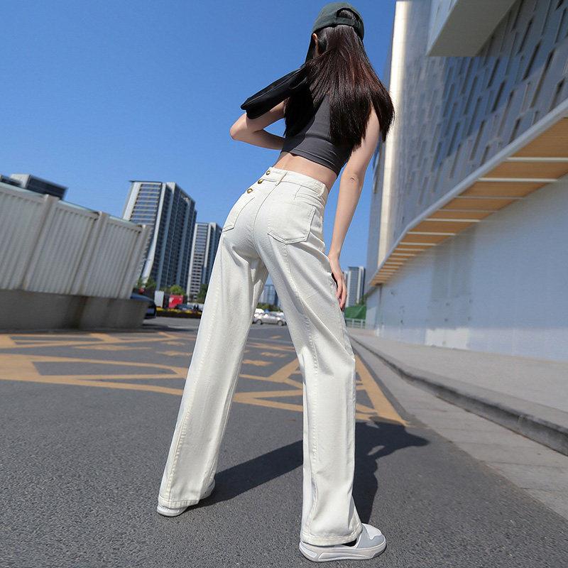 SPYB米白色牛仔裤女宽松直筒2026夏季新款时尚小众高腰阔腿拖地裤