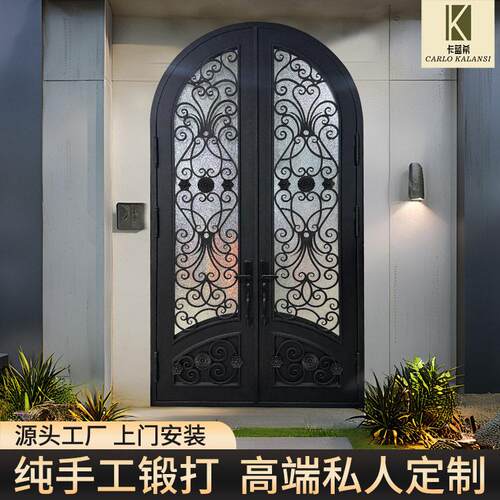 铁艺门纯手工锻打推拉门别墅玻璃门源头工厂跨境定制