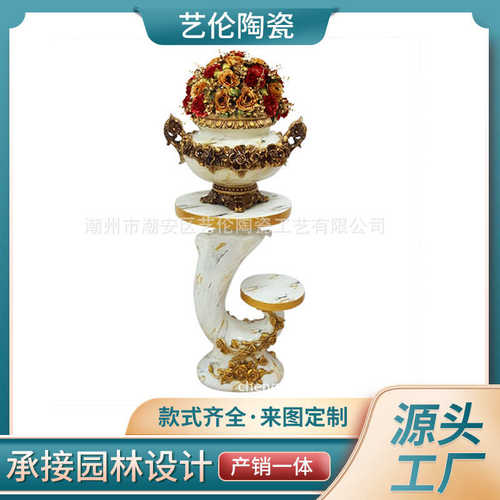 欧式轻奢圆形玻璃钢花盆花器酒店商场客厅家居摆件古典罗马柱花瓶