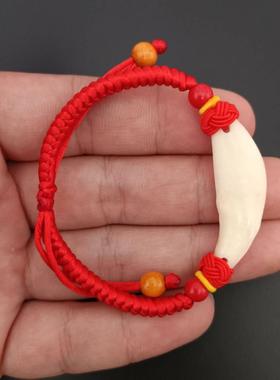 黑狗牙宝宝婴儿童情侣真狗牙手链成人朱砂桃木黑狗牙红绳脚链