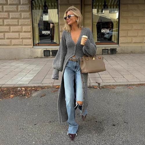 Women Cardigans V Neck Button Chunky Knit Dusters Sweater