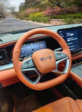 适用于比亚迪海狮07EV沙丁瑚橙色专车专用真皮手缝方向盘把套