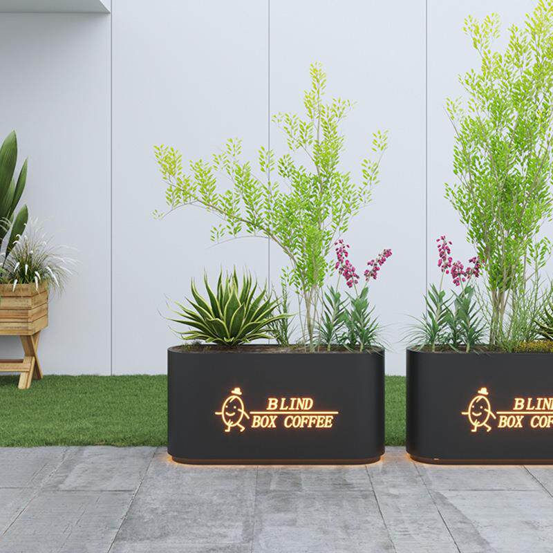 户外咖啡厅售楼部外摆花盆坛铁艺圆弧花箱餐厅花槽隔断花箱