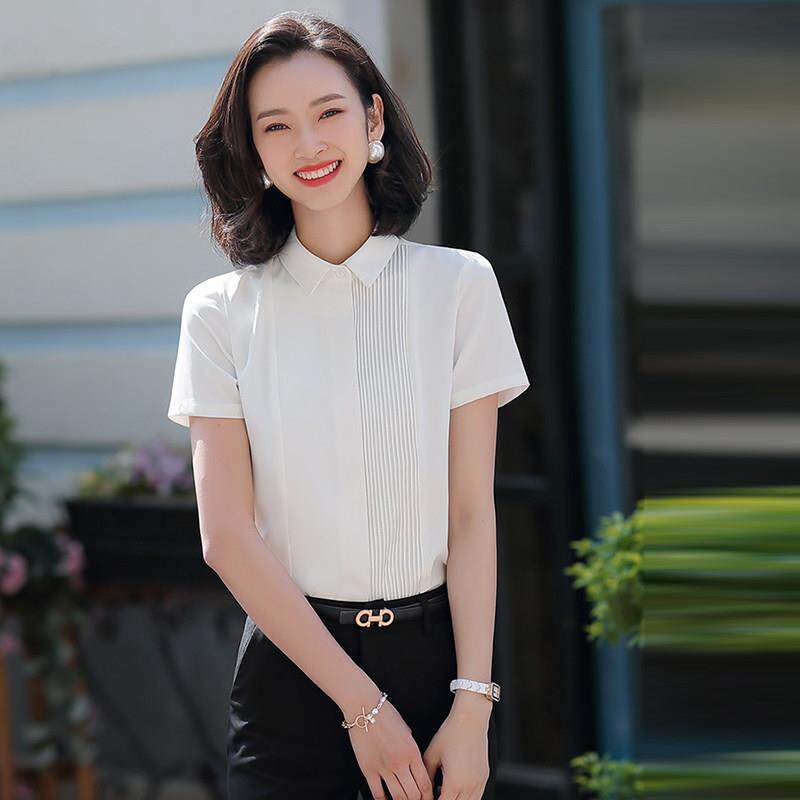 白色雪纺衬衫女短袖职业上衣夏天气质美容院工作服工装薄款白衬衣