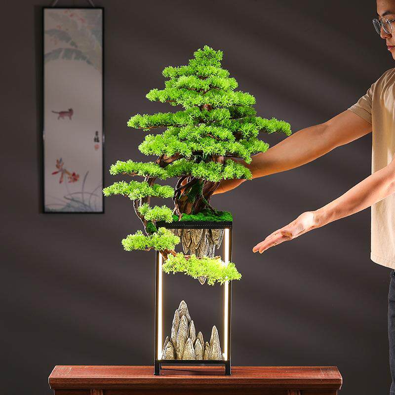 仿真迎客松盆栽实木绿植仿真盆景家居玄关客厅电视柜茶桌酒店摆件