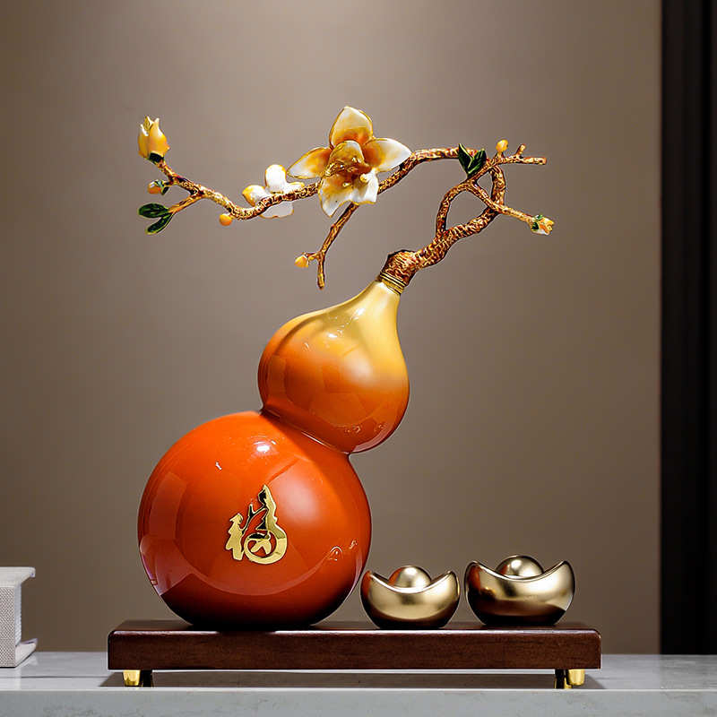 玉兰花招财陶瓷葫芦摆件新中式客厅酒柜博古架装饰品乔迁新居礼品