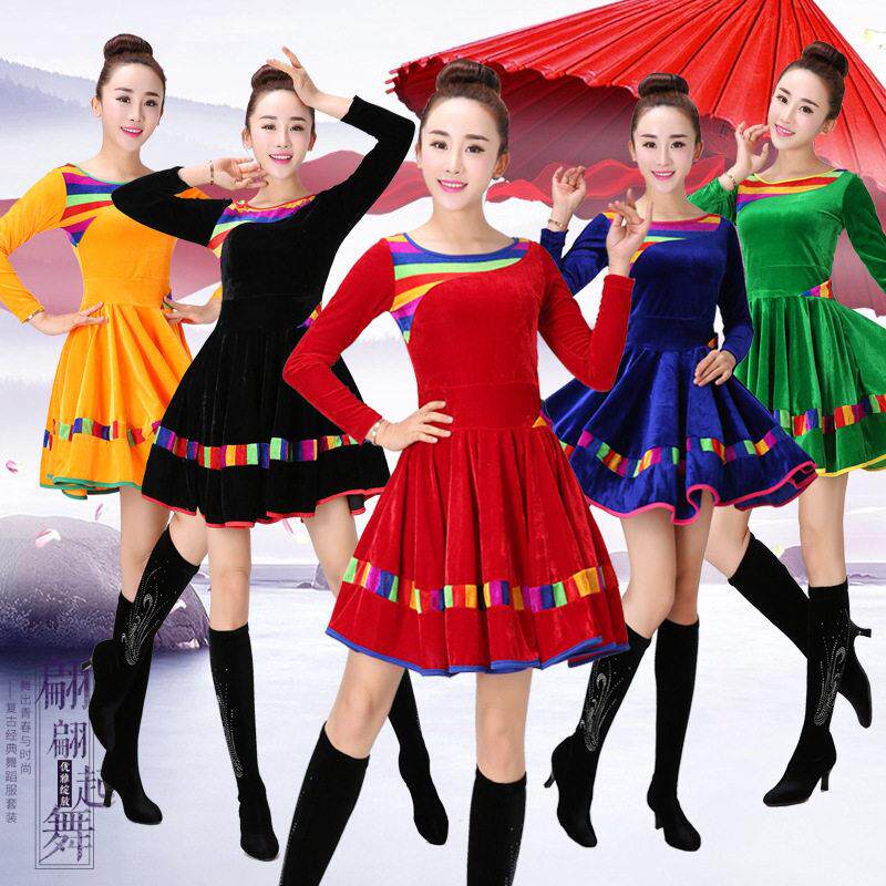 秋冬新款广场舞服装套装金丝绒洋装中老年人表演出比赛服女
