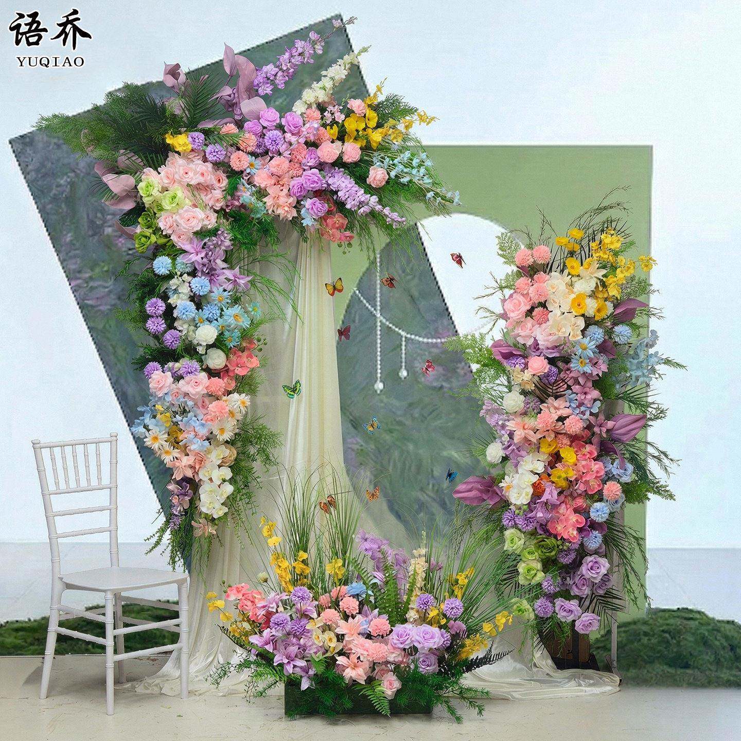 莫奈色森系仿真花蝴蝶兰玫瑰龙须草仿真绿植户外草坪婚礼场景装饰图片