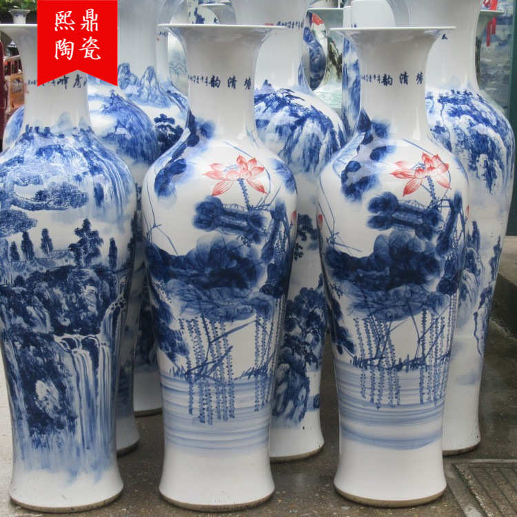 景德镇陶瓷落地大花瓶 手绘青花荷花批发陶瓷工艺品酒店开业礼品