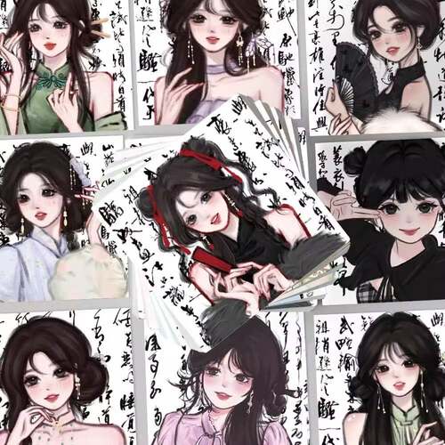 62张may新中式贴纸可爱少女复古笔墨画文字diy笔记本手机防水贴画