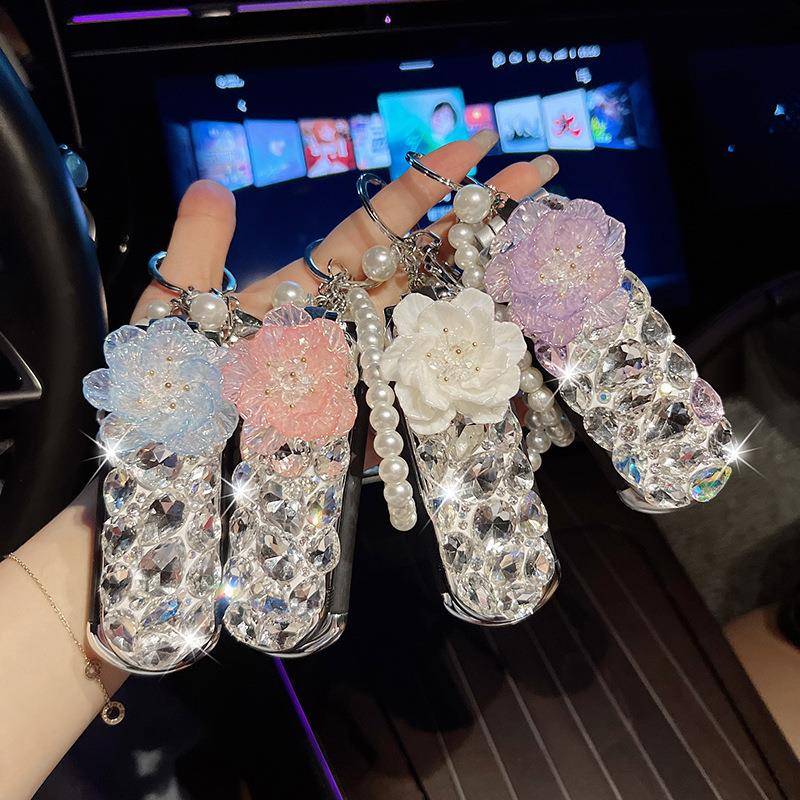 水晶花朵精致镶钻梳子挂件创意便携折叠镜多功能钥匙扣包包挂饰女