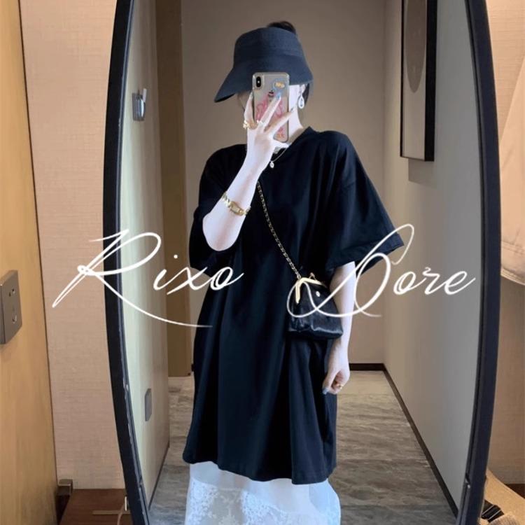 RIXO DORE法式高级感宽松短袖T裙女+蕾丝网纱半身裙休闲两件式装