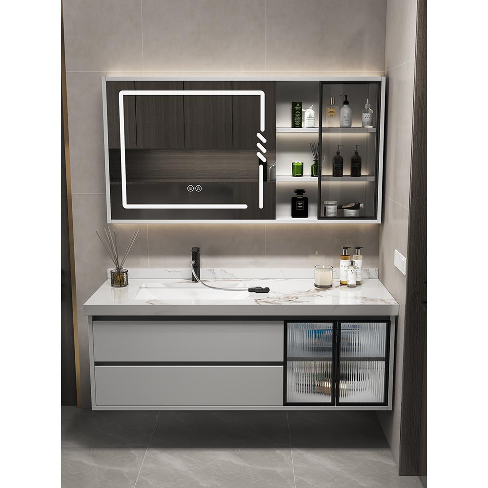 智能轻豪华板岩集成浴室柜组合现代浴室实木洗脸盆盆存储