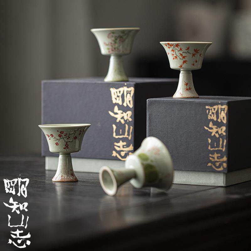 明知山志 仿古高足手绘茶杯 四季品茗杯桃花 荷花 枫叶 梅花 单杯