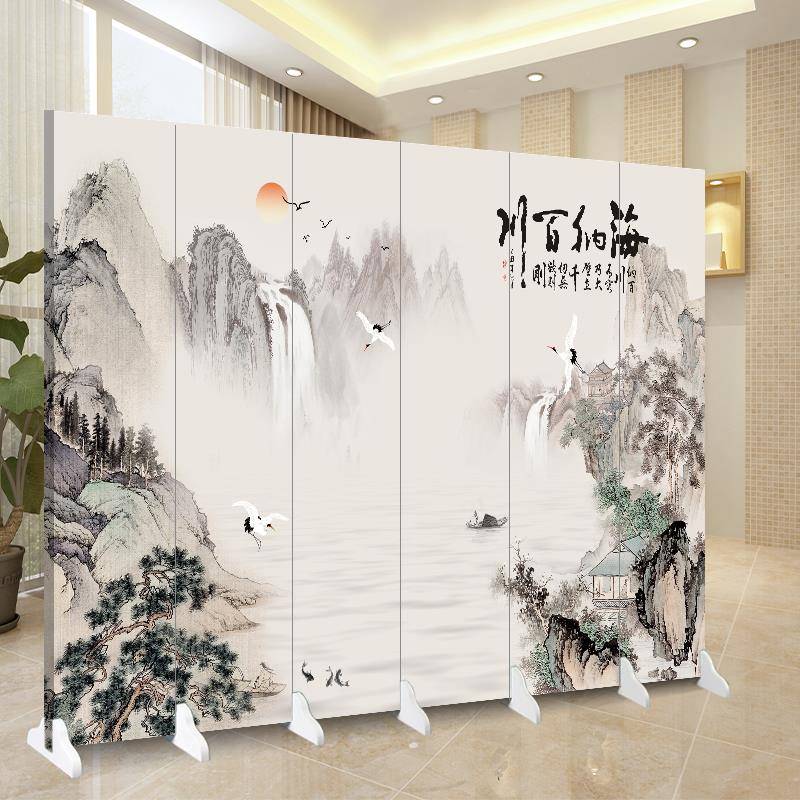 屏风客厅隔断帘双面落地折叠移动入户家用玄关办公室山水图假墙