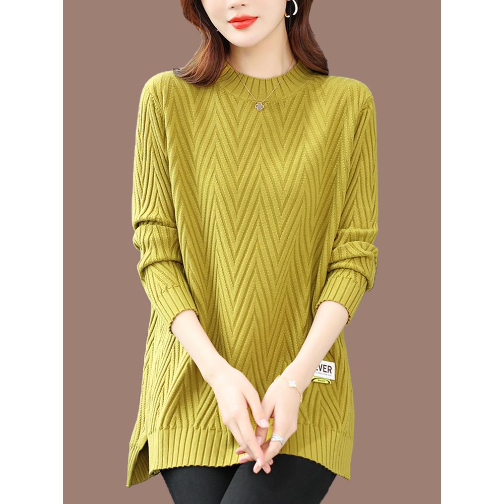 羊毛衫开叉毛衣女装中长款宽松显瘦针织衫上衣圆领加肥加大打底衫