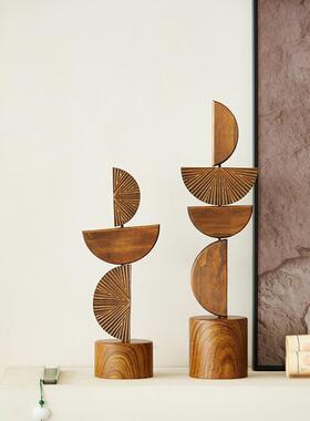 北欧侘寂风半圆形叠叠高木雕几何摆件家居样板间客厅玄关软装饰品