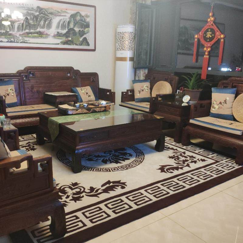新的中国风手工羊毛地毯客厅卧室书房茶几红木家具中国风蓝色地毯