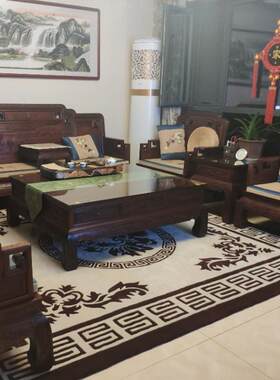 新的中国风手工羊毛地毯客厅卧室书房茶几红木家具中国风蓝色地毯