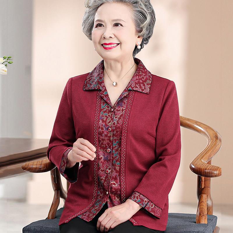 老年人秋装女假两件套妈妈款春秋喜庆外套70岁80婆婆奶奶衬衫套装