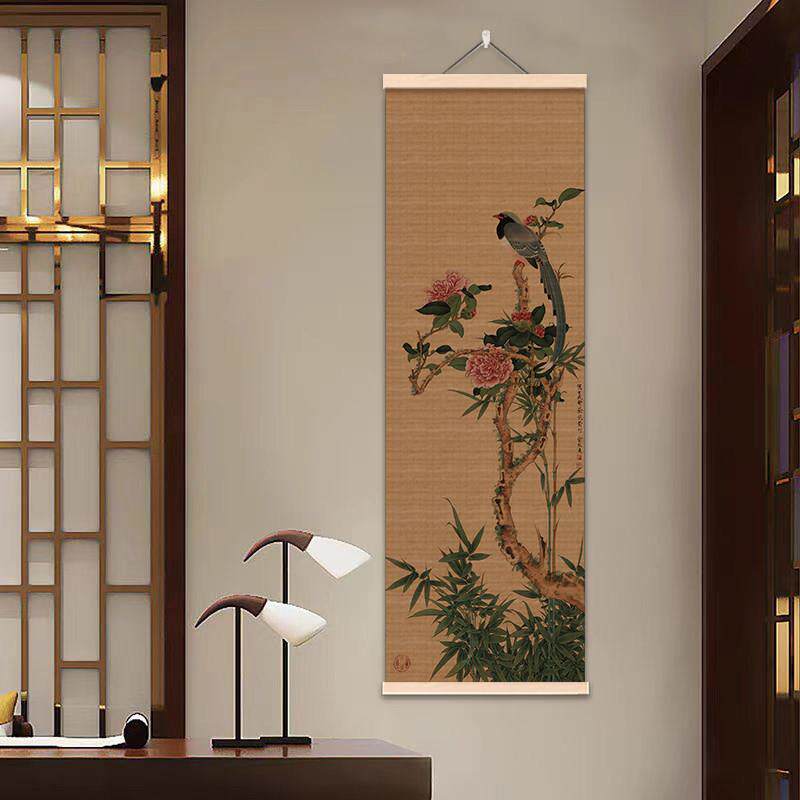 中古风花鸟竹帘挂画入户玄关挂帘装饰画茶室书房背景遮挡遮丑帘子